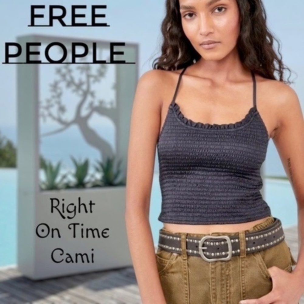 FREE PEOPLE Right On Time Scoop Neck Adjustable Strap Smocked Satin Cami NWT
